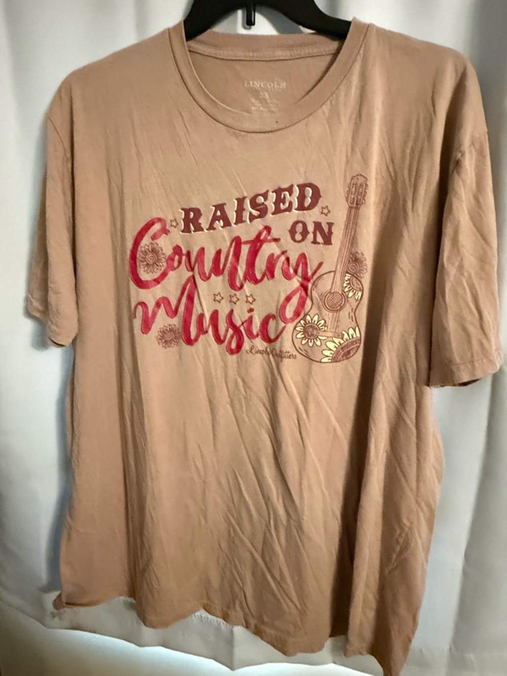 Raised on Country Music Graphic Tee - Tan with Red